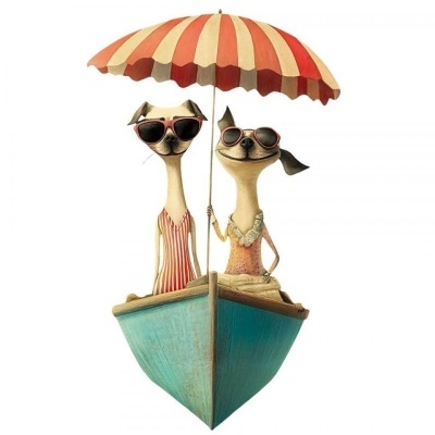 Ilustração de dois cães sentados numa embarcação azul com guarda-sol às riscas