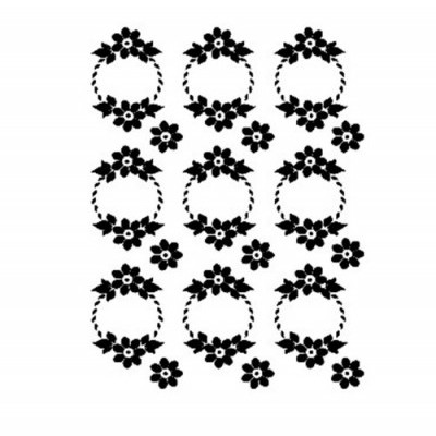 Padrão repetitivo de flores e coroas de flores pretas em fundo branco