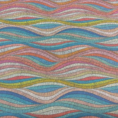 Padrão têxtil colorido com linhas onduladas em várias cores.