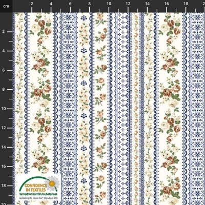 Tecido com faixas verticais em azul e bege com motivos florais e geométricos