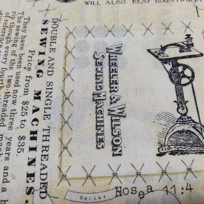 Página antiga de jornal com ilustração de máquina de costura Wheeler & Wilson e texto em inglês