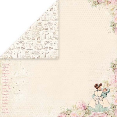 Papel decorativo vintage com mulher a segurar bebé, roupas infantis desenhadas e flores nos cantos.