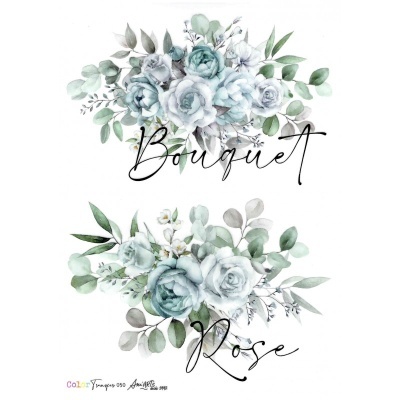 Dois arranjos florais azuis e verdes com textos 'Bouquet' e 'Rose' em fundo branco