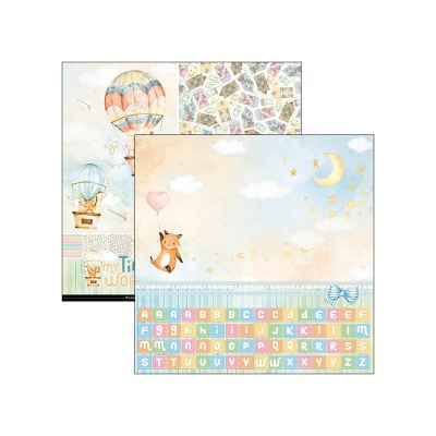 Folhas decorativas infantis com balões, raposa, lua, estrelas e letras coloridas