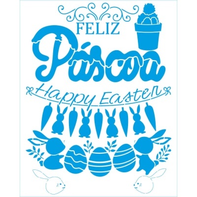 Decoração azul de Páscoa com coelhos, ovos, cenouras e texto FELIZ Páscoa e Happy Easter