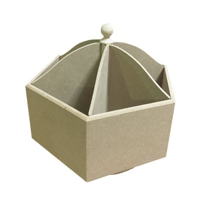 Organizador de madeira MDF castanho claro com divisórias em cruz e bola branca no topo