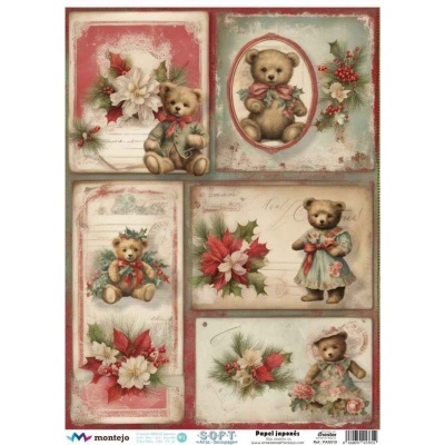 Folha decorativa vintage com ursos de pelúcia natalinos e elementos florais em tons vermelhos e verdes.