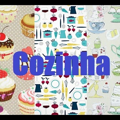 Três padrões de cozinha com cupcakes, utensílios e chávenas, e palavra 'Cozinha' em azul.