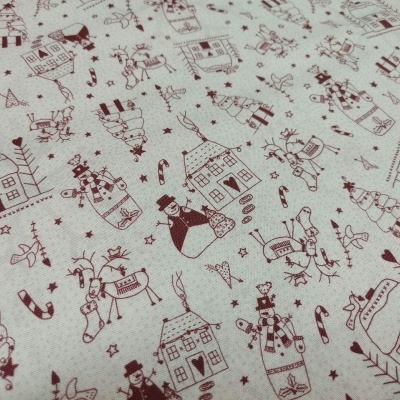 Tecido branco com padrão em vermelho natalício de casas e bonecos de neve