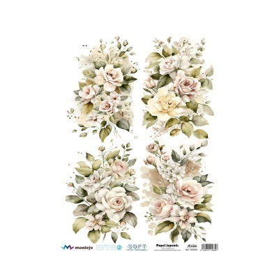 Quatro arranjos florais digitais com rosas em tons pastel e folhas verdes