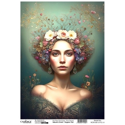 Mulher com coroa de flores e ramos, vestido verde-escuro, fundo verde.