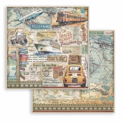 Papel decorativo vintage com temas de viagem e mapas antigos em cores pastéis.