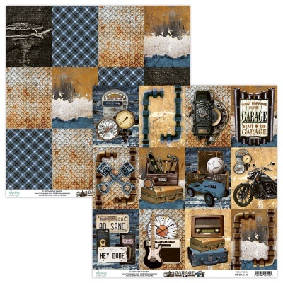 Folha dupla face com padrões industriais e vintage, incluindo relógios, motos, guitarras, ferramentas e placa com texto em inglês.