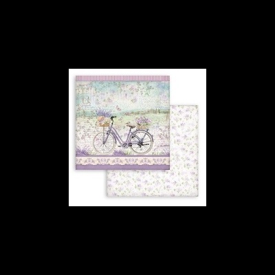 Folhas de papel decorativo com bicicleta e flores em tons lilás e padrão floral