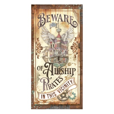 Cartaz com texto de aviso e ilustração de dirigível com asas