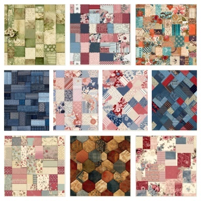 Padrões patchwork de tecidos multicoloridos com motivos florais e geométricos