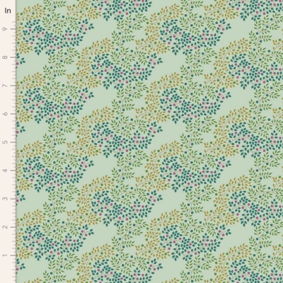 Tecido com padrão de folhas verdes e pontos vermelhos em fundo cinza claro com régua à esquerda