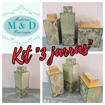 Kit três jarros decorativos em madeira com padrões e tampas