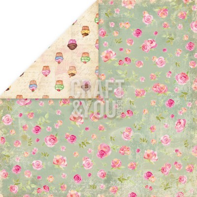 Papel decorativo com flores cor-de-rosa e cupcakes coloridos em fundo verde e bege