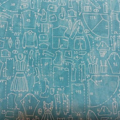 Tecido azul com desenhos brancos técnicos de roupas numeradas