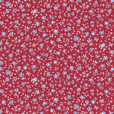 Tecido vermelho com padrão de pequenas flores azuis e folhas bege