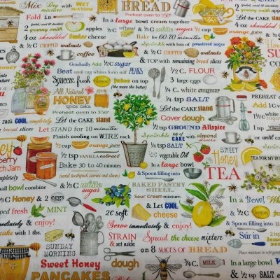 Tecido estampado com receitas culinárias e ilustrações coloridas