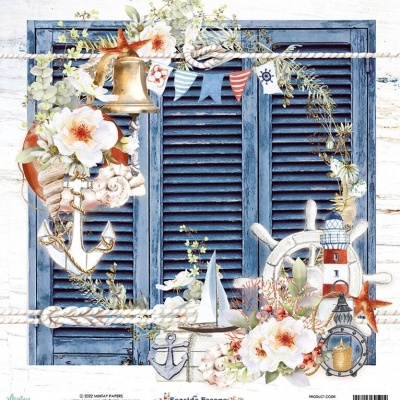 Decoração azul com elementos náuticos e flores ao redor de uma janela com venezianas