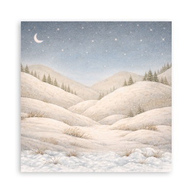 Ilustração de paisagem invernal com colinas e pinheiros sob céu estrelado.