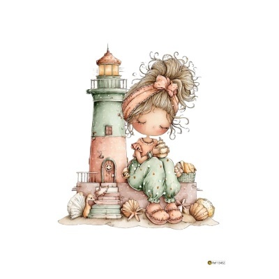 Ilustração jovem loira com faixa rosa sentada junto a farol e conchas