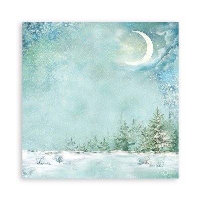 Painel decorativo com pintura de inverno de paisagem nevada e lua crescente.