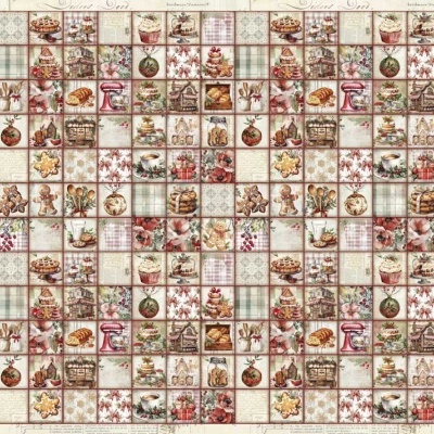 Padrão quadriculado com imagens vintage de bolos, biscoitos e decoração festiva em cores vermelhas e beges.