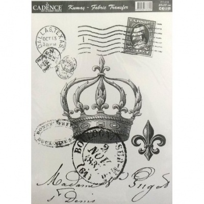 Folha de transferência para tecido com design de coroa, selo, carimbos postais e escrita manuscrita