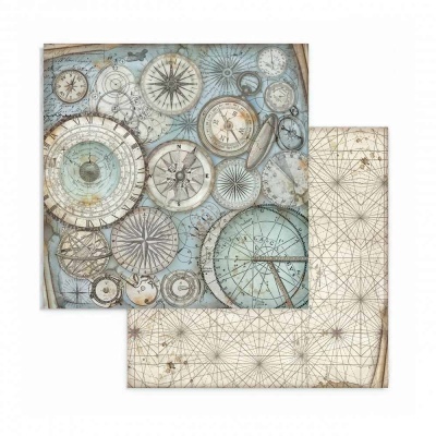 Papel decorativo estampado com bússolas antigas em azul e bege