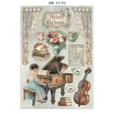 Recortes decorativos com menina ao piano, viola, flores e texto Melody at home