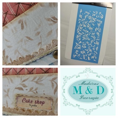 Colagem de tecidos com padrão floral, etiqueta 'Cake shop by Gabriela' e logótipo 'Madeiras M & D Decoração'
