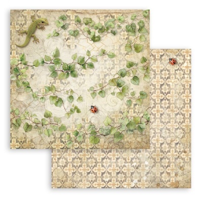 Papel decorativo com padrão de azulejos, folhas verdes, louva-a-deus e joaninhas
