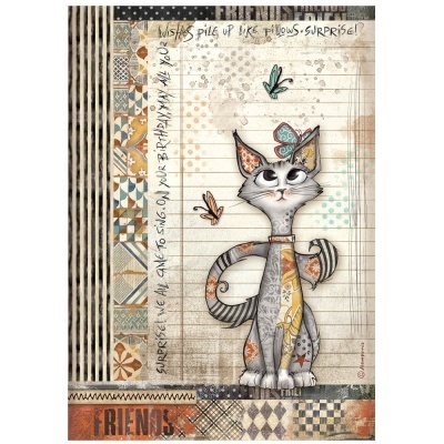 Cartaz decorativo com gato estilizado e texto em inglês, com padrão patchwork em tons terrosos.