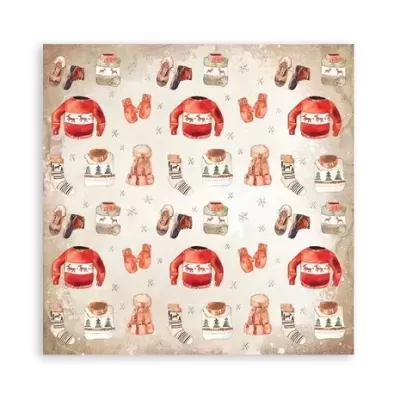 Papel de embrulho com padrão festivo de suéteres, botas, canecas e meias em tons vermelhos e bege