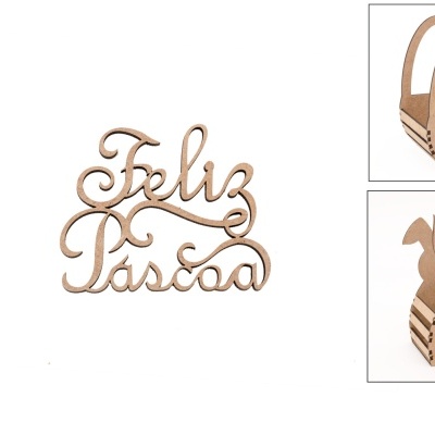 Decoração e embalagens de madeira para Páscoa com texto 'Feliz Páscoa'