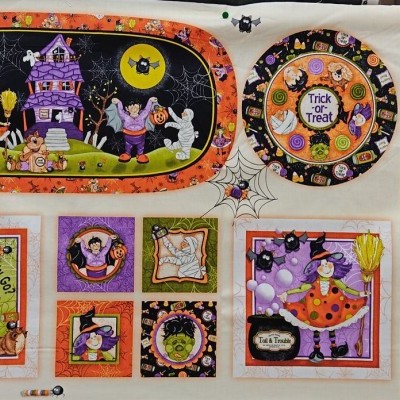 Conjunto de tecido de Halloween com estampados coloridos e texto em inglês