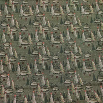 Tecido verde com padrão de árvores de Natal cinza e detalhes vermelhos