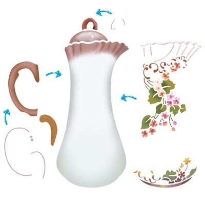 Bule de porcelana branco com alça destacada e decoração floral colorida