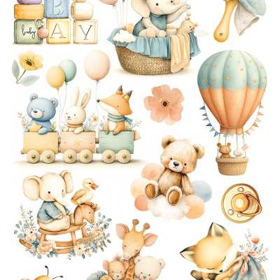 Ilustração infantil com animais e brinquedos em cores suaves.