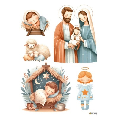 Ilustrações digitais de cenas natalícias com menino na manjedoura, familia santa, ovelhas e anjo.