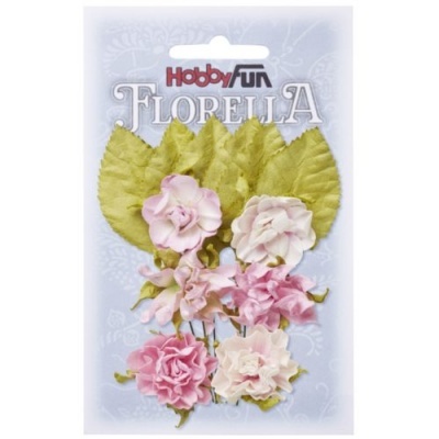 Flores artificiais rosa e branco com folhas verdes em embalagem marca Hobby Fun FLORELLA