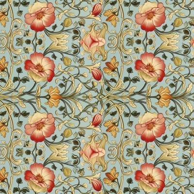 Papel decorativo floral vintage azul com flores rosa e vermelho