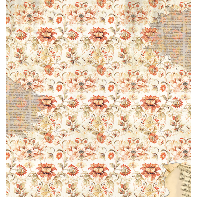 Papel de arroz para decoupage com padrão floral vintage e detalhes de texto de jornal e partituras