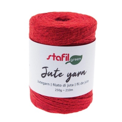 Rolo de fio de juta vermelho com etiqueta da marca Stafil