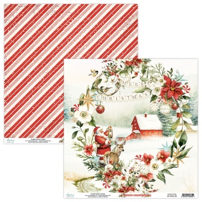 Papel decorativo de Natal com padrão vermelho e branco e ilustração de coroa de flores e Papai Noel