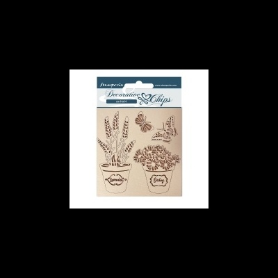 Chips decorativos de madeira com plantas e borboletas em embalagem